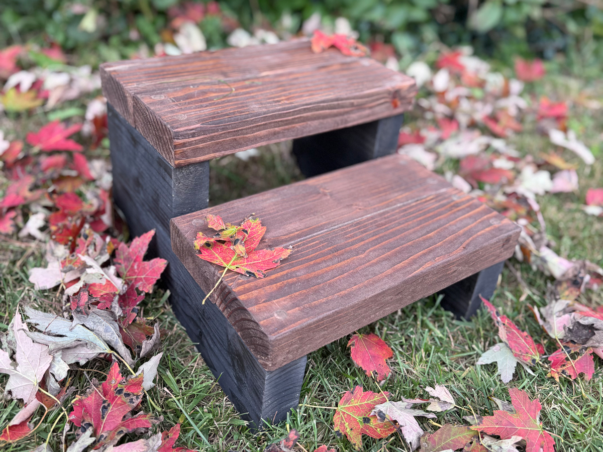 Handmade two-level wooden display stand with a dark stained top and black base, sitting in fall leaves