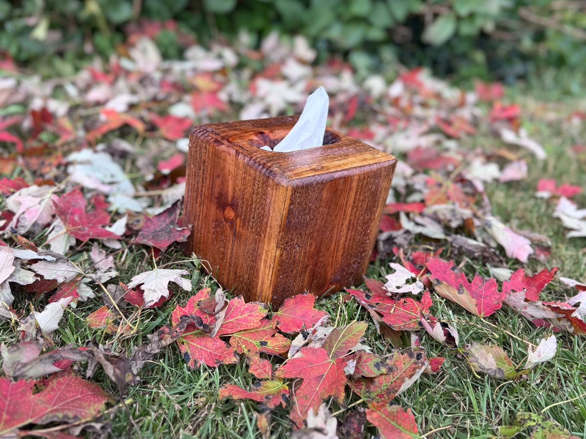 Handmade wooden tissue box cover with a warm stained finish, sitting in fall leaves